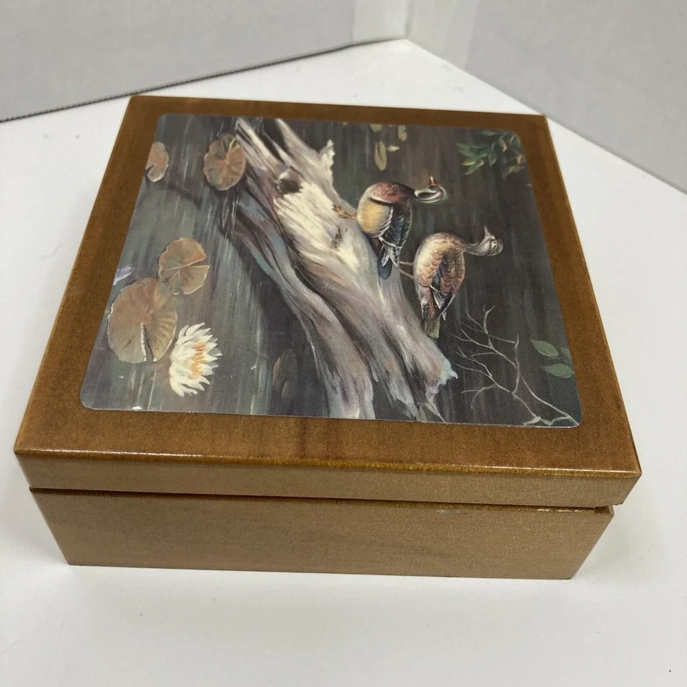 Vintage Duck Box Coaster Set Cork Back Wood Box 1970s with‎ 3 Coasters